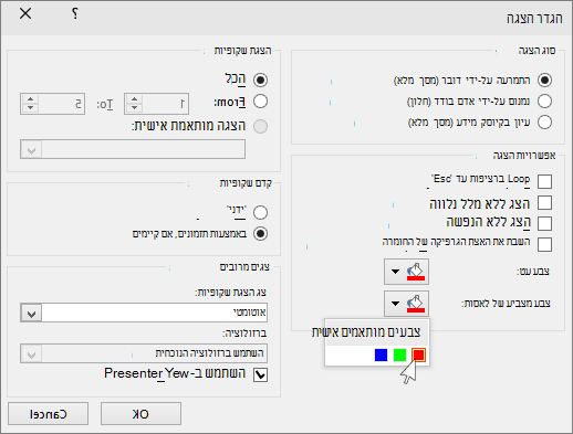 צילום מסך המציג את אפשרויות מצביע הלייזר ב- PowerPoint