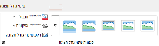 הכרטיסיה 'תצוגה' ברצועת הכלים ב- PowerPoint כוללת אפשרויות עיצוב כגון גבול ורקע.