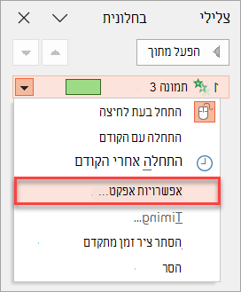 היכן למצוא אפשרויות אפקט בחלונית ההנפשה.