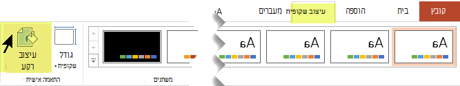 לחצן 'עיצוב רקע' נמצא בכרטיסיה 'עיצוב שקופית' ברצועת הכלים של PowerPoint