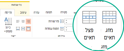 מיזוג או פיצול של תאי טבלה