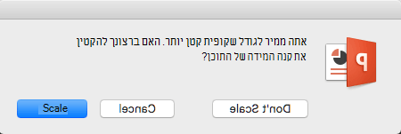בעת שינוי גודל שקופיות, PowerPoint שואל אם לשנות את קנה המידה של התוכן כך שיתאים לשקופית.