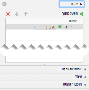חלונית ההנפשה כוללת אפשרויות אפקט, אפשרויות תזמון ואפשרויות אפקט טקסט