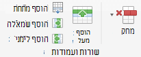 לחצנים ברצועת הכלים לעריכת שורות ועמודות בטבלה