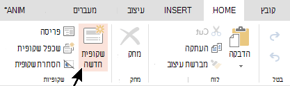 לחצן 'שקופית חדשה' בכרטיסיה 'בית' או ברצועת הכלים