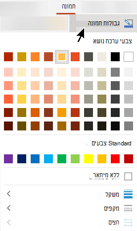 תפריט גבולות תמונה כולל אפשרויות עבור צבע, עובי וסגנון קו.