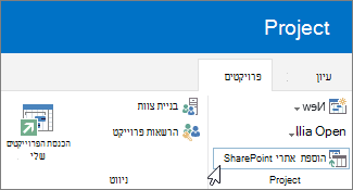 הוספת לחצן ’אתרי SharePoint’ ברצועת הכלים של מרכז הפרוייקטים