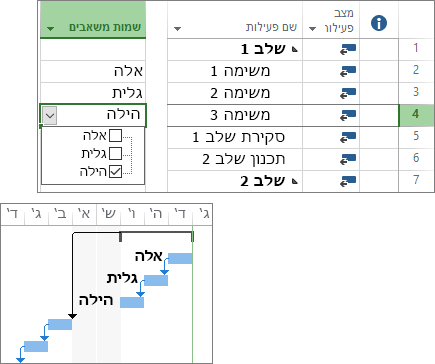 צילום מסך מורכב של פעילויות עם משאבים מוקצים בתוכנית פרוייקט ותרשים גנט.