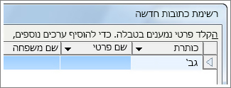 התיבה 'רשימת כתובות חדשה'