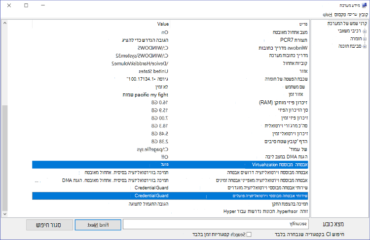 החלון 'מידע מערכת'