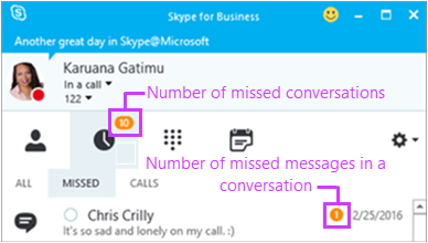 גש להודעות שלא נענו מהדף Skype for Business ההודעות המיידיות שלך