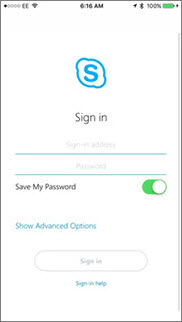 מסך כניסה עבור Skype for Business ב- iOS