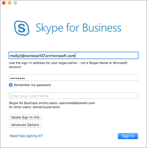 Skype for Business עבור Mac מסך הכניסה
