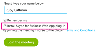 ודא שהתקנת תוסף סקייפ for Busiiness Web App מסומן