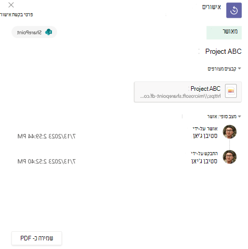 צילום מסך של היסטוריית האישור של פריטי רשימה ביישום.