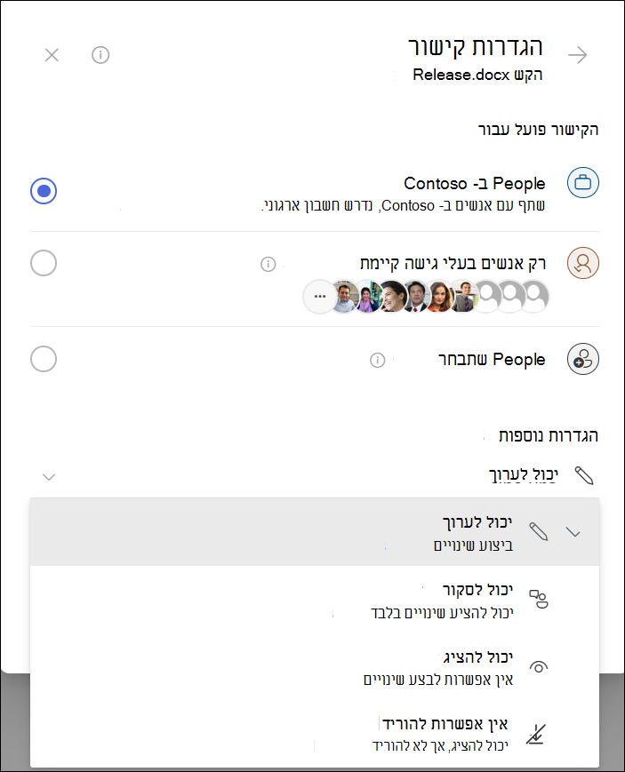 צילום מסך של הגדרות העתקת קישור