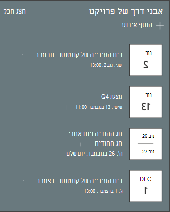 צילום מסך של ה- Web Part של האירועים