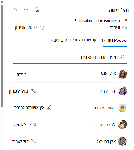 כרטיס הריחוף מפרט את האנשים שמשתפים את המסמך