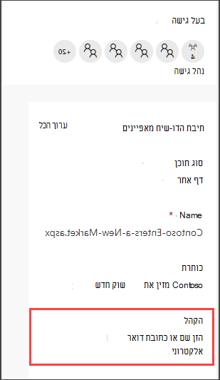 החלונית 'פרטי עמודים' עם אפשרות להזנת קהל