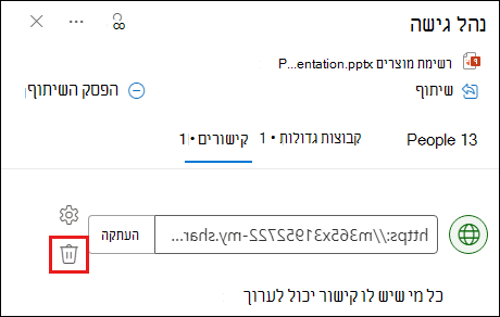 צילום מסך המציג את תיבת הדו-שיח 'ניהול גישה' כשהכרטיסיה 'קישור' פתוחה. לחצן הסרת הקישור מסומן.
