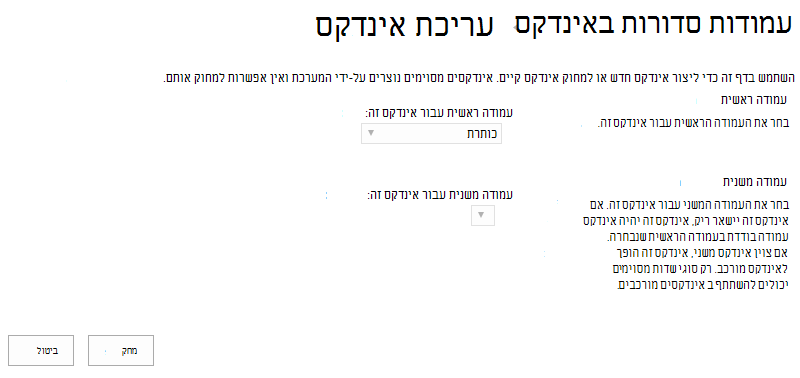 באפשרותך למחוק אינדקס לאחר לחיצה עליו