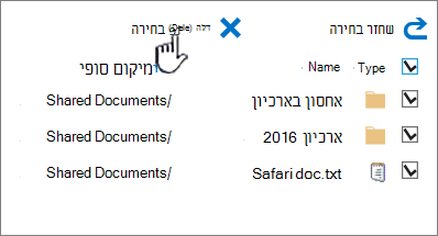סל המיחזור של הרמה השנייה של SharePoint 2016 כאשר כל הפריטים נבחרו ומחק מסומנים