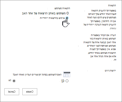 מסך 'הוסף Wiki ארגוני' כאשר האפשרות 'הרשאות ייחודיות' מסומנת