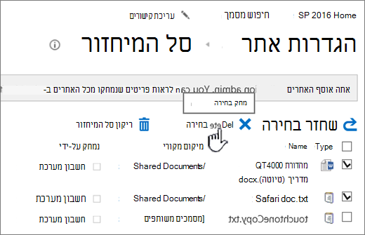 לחצן 'מחק' בדף 'מחק' של SharePoint 2016 מסומן