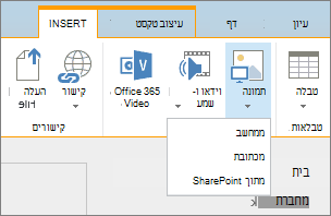 צילום מסך של רצועת הכלים של SharePoint Online. בחר את הכרטיסיה 'הוספה' ולאחר מכן בחר 'תמונה' כדי לבחור אם להעלות קובץ מהמחשב שלך, מכתובת אינטרנט או ממיקום SharePoint.