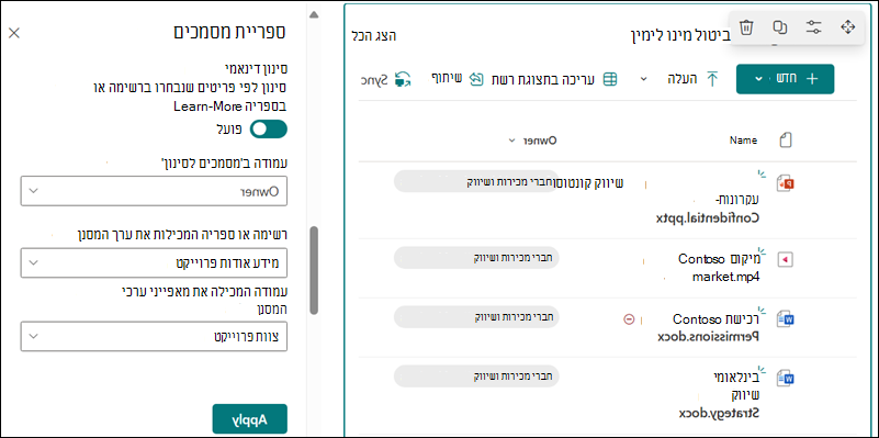 ספריית מסמכים עם חלונית פתוחה עבור אפשרויות סינון דינאמי