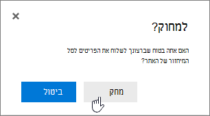תיבת אישור מחיקת פריט עם האפשרות 'מחק' מסומנת
