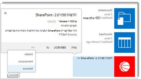 צילום מסך של פקודת ההסרה בהסבר של מאפייני היישום.