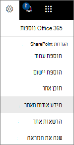 תפריט 'הגדרות' עם פרטי אתר שנבחרו