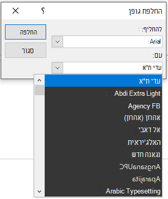 תמונה של תיבת הדו-שיח 'החלפת גופן' ב- PowerPoint. התיבה הנפתחת עם מורחבת.
