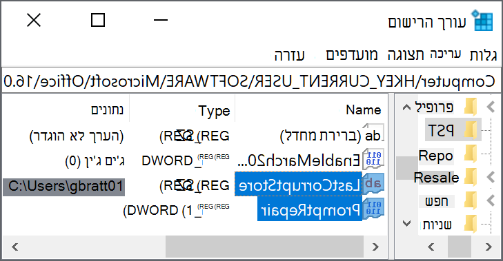 הגדרות רישום למחיקת LastCorruptStore PromptRepair=dword:00000001