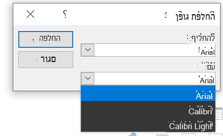 תמונה של תיבת הדו-שיח 'החלפת גופן' מ- PowerPoint. הצגת התיבה הנפתחת עם מורחבת.