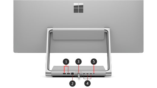 מציג את התכונות בחלק האחורי של +Surface Studio 2.
