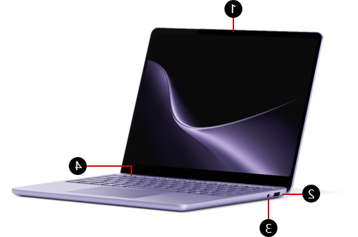 צילום מסך המציג את Surface Laptop בגודל 13 אינץ'. הסברים מסמנים מצלמה קדמית במרכז החלק העליון של המסך, יציאת USB-A ושקע שמע בצד שמאל של הבסיס וכפתור ההפעלה שהוא הכפתור השני מימין בשורה העליונה במקלדת.