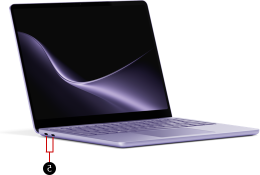 צילום מסך של Surface Laptop בגודל 13 אינץ' עם הסבר ממוספר המצביע על שתי יציאות USB-C בצד ימין של הבסיס, לכיוון החלק האחורי.