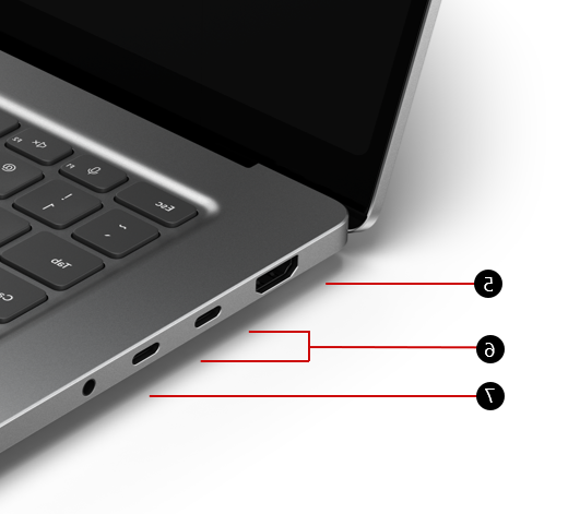 תמונה של Surface Laptop Ultra. הסברים מסמנים את יציאת ה-HDMI, שתי יציאות USB-C ויציאת שמע 3.5 מ