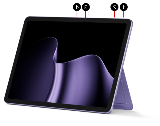 צילום מסך של Surface Surface Pro בגודל 12 אינץ' עם הסברים ממוספרים המסמנים את לחצן ההפעלה בקצה העליון משמאל; לחצני עוצמת קול לצד לחצן ההפעלה; את מצלמת Windows Hello ואת המצלמה הקדמית במרכז העליון של המסך.