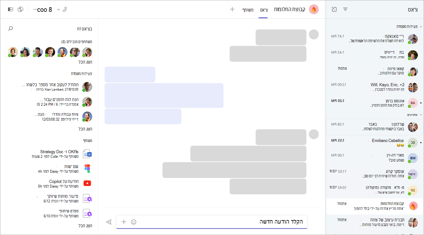 צילום מסך של אפליקציית צ'אט המציג הודעות אחרונות, משתתפים מובילים, הודעות מוצמדות, קבצים משותפים ותיבת קלט טקסט עם לחצן 'שלח'.
