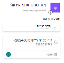 לוח לטיפול בכרטיסי אירועים ב- Planner, המציג את הפעילות שנוצרה מהגשת העדכון
