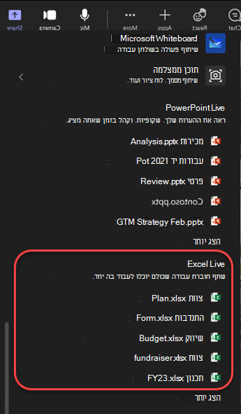 צילום מסך של אפשרויות שיתוף שמסמנות קבצי Excel בפגישת Teams.