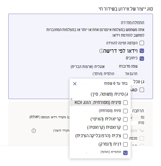 תפריט שפות זמינות
