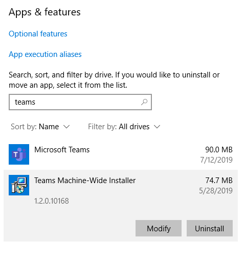 שלב בתהליך הסרת ההתקנה של Teams מ-Windows