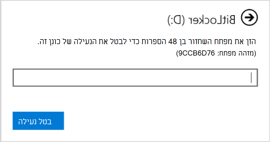 צילום מסך של תיבת הדו-שיח להזנת השחזור של BitLocker עבור כונן נתונים.
