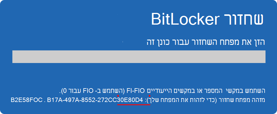 צילום מסך של מסך השחזור של BitLocker שמסמן את מזהה המפתח.