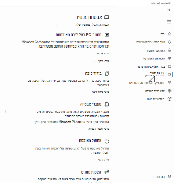 צילום מסך של מסך אבטחת המכשיר באפליקציה 'אבטחת Windows'.