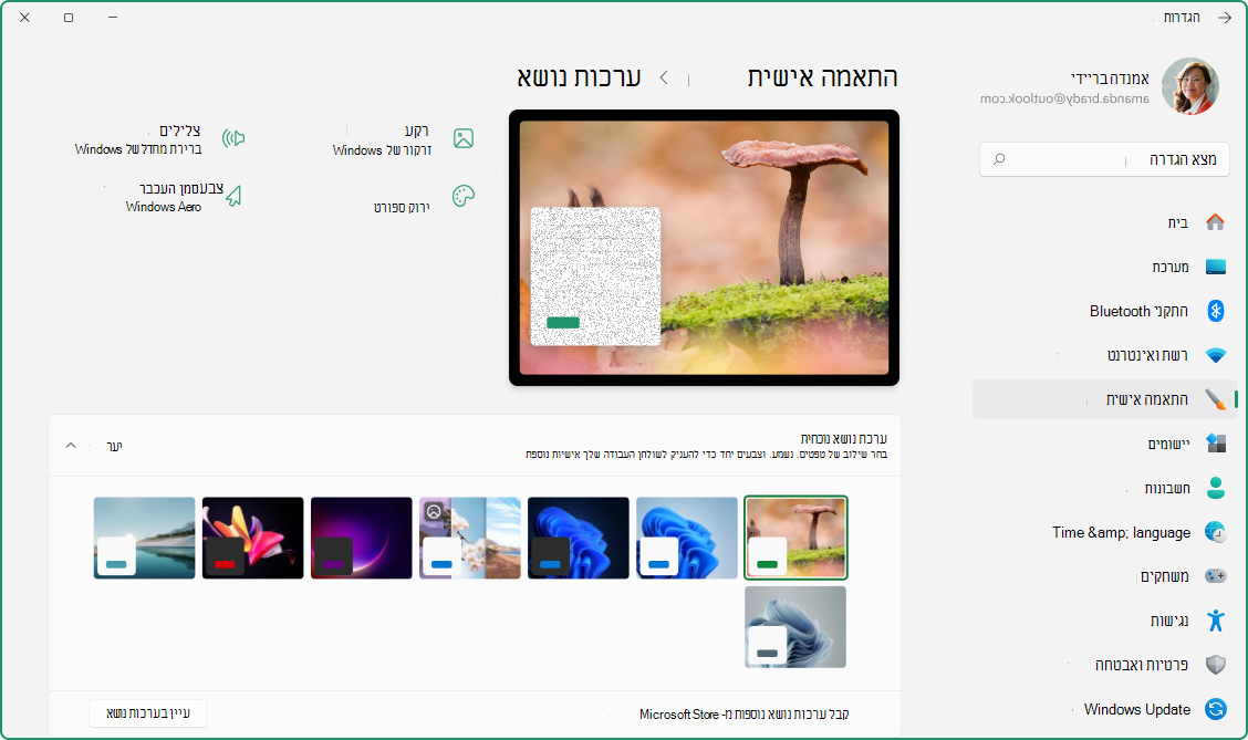 צילום מסך של האפליקציה 'הגדרות' המציג ערכת נושא מותאמת אישית.